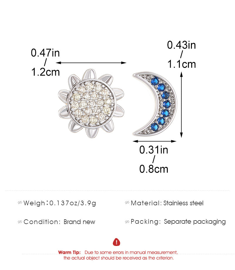 Fashion Sun And Moon Full Diamond Stainless Steel Studs