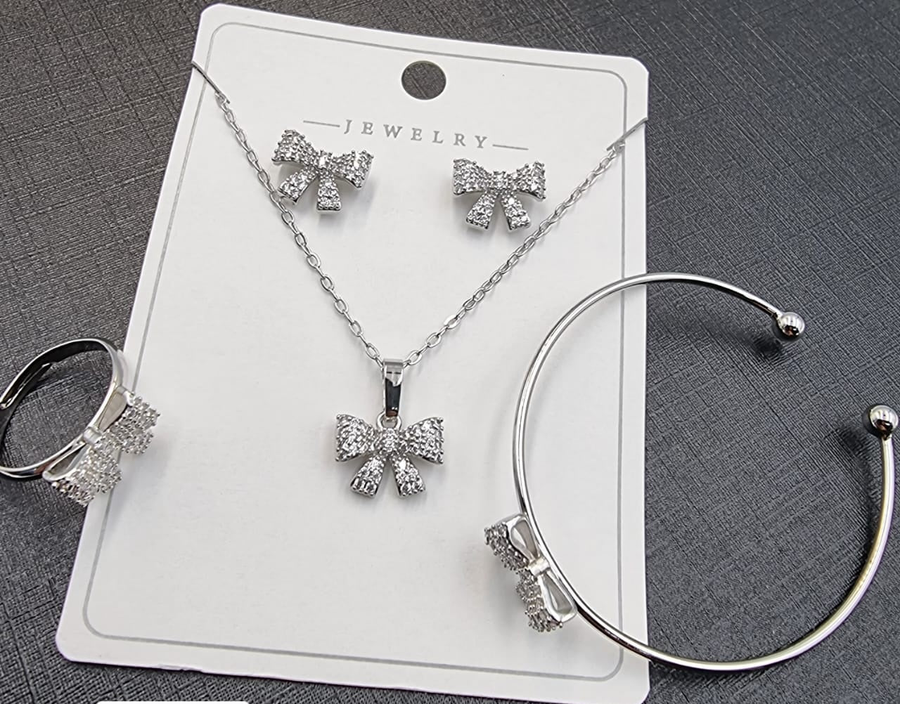 Silver Bow Tie Crystal Jewellery Set