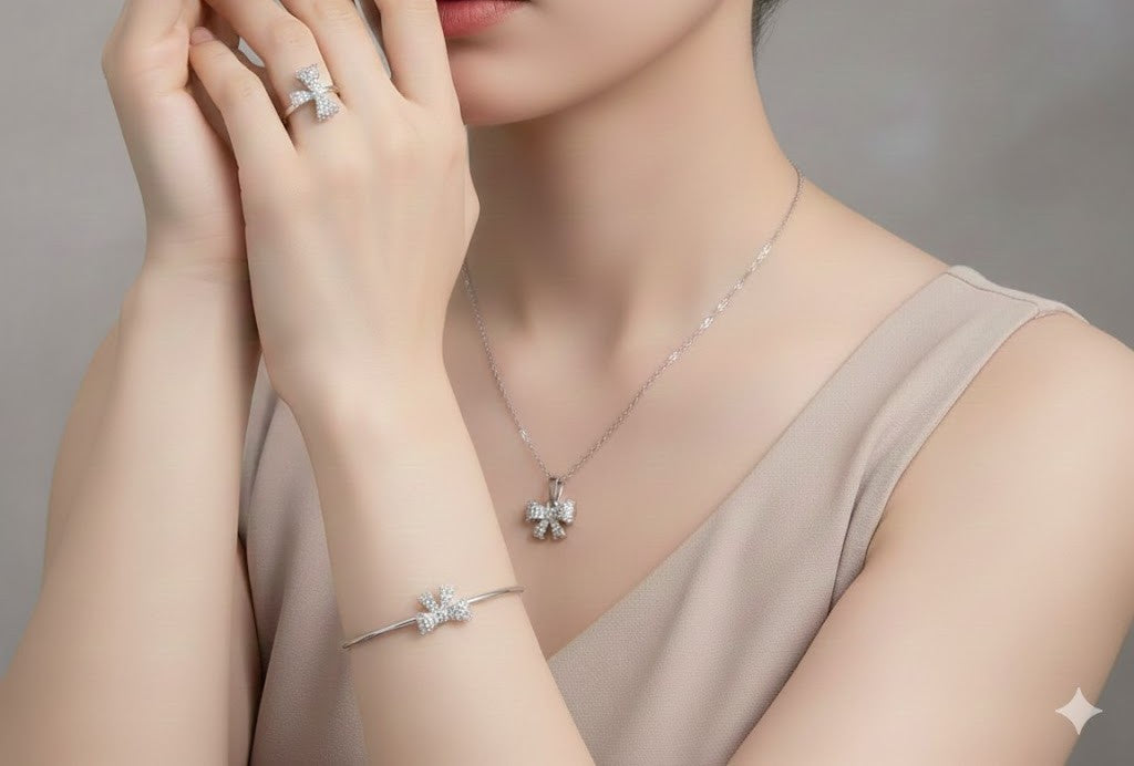 Silver Bow Tie Crystal Jewellery Set